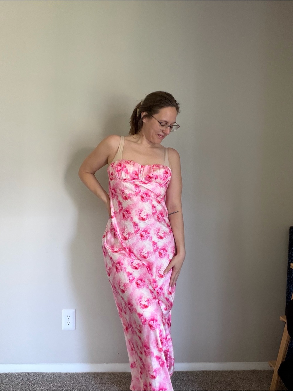 Hello Molly Pink and Cream Strapless Maxi Dress